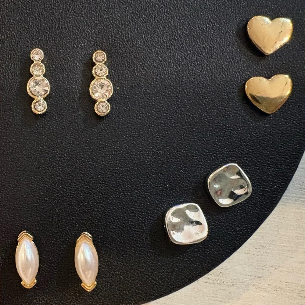 NWT Ann Taylor 9 Pair Gold & Silver Earring Set w/ Hearts, Rhinestone and Pearl